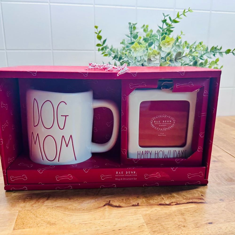 Rae Dunn White "Dog Mom" Mug & Ornament Set with Red Accents